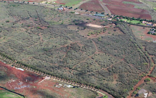 Aerial view of part of Hawaiian archaeological sites bounded by Hapa Trail (foreground), Poipu Bypass West (background) and old cane railroad right of way between mill and Koloa landing (right).