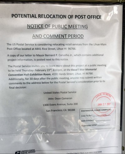 Notice of Public Meeting & Comment Period Regarding the Recolation of Lihue Post Office.