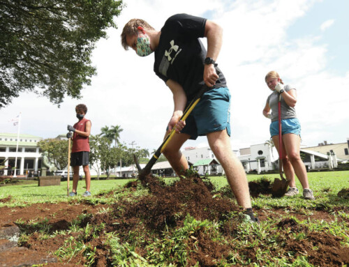Youth volunteers help clear stone path at Kalākaua Park